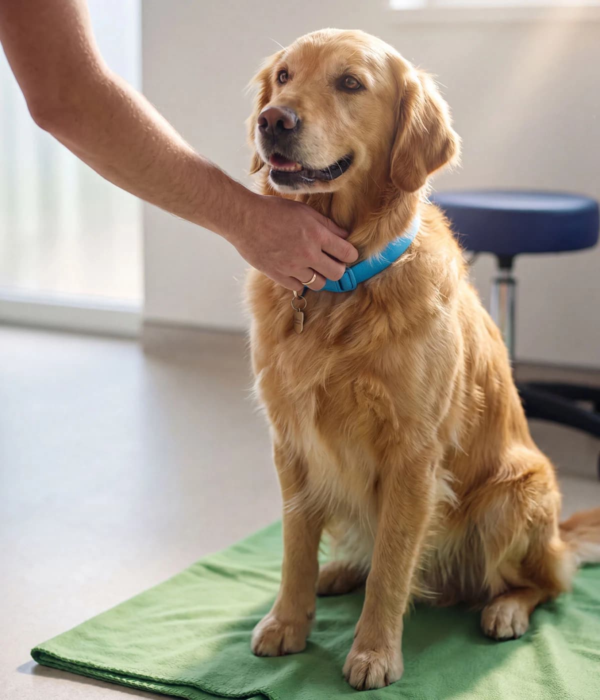 A calm golden retriever sitting on a green mat in a bright consultation room, with a hand resting gently on its sky-blue collar